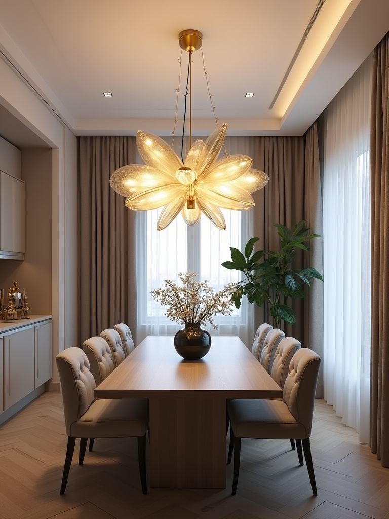 “Dining room with a large, sculptural gold statement chandelier.”