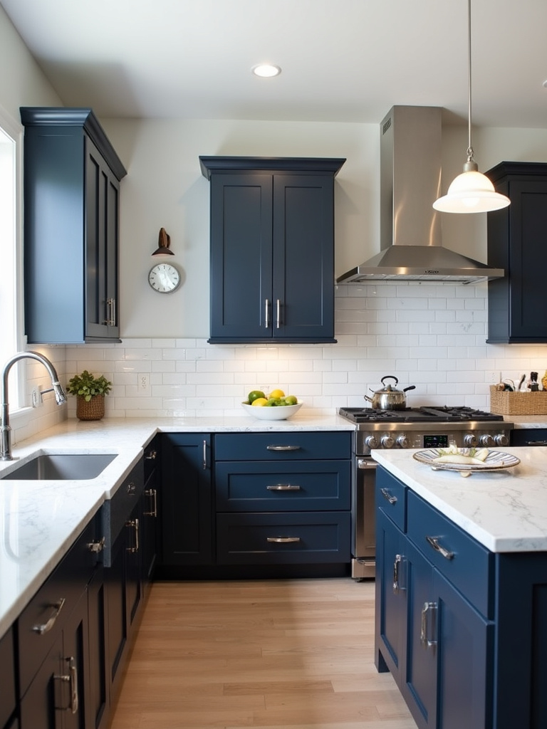 Modern classic kitchen featuring bold dark navy blue shaker cabinets contrasted with white marble countertops and a white subway tile backsplash, complemented by stainless steel appliances and bright balanced lighting.