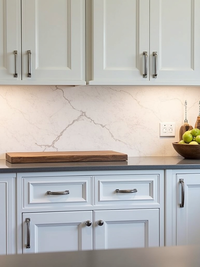 “Elegant gray marble slab backsplash in a traditional kitchen.”