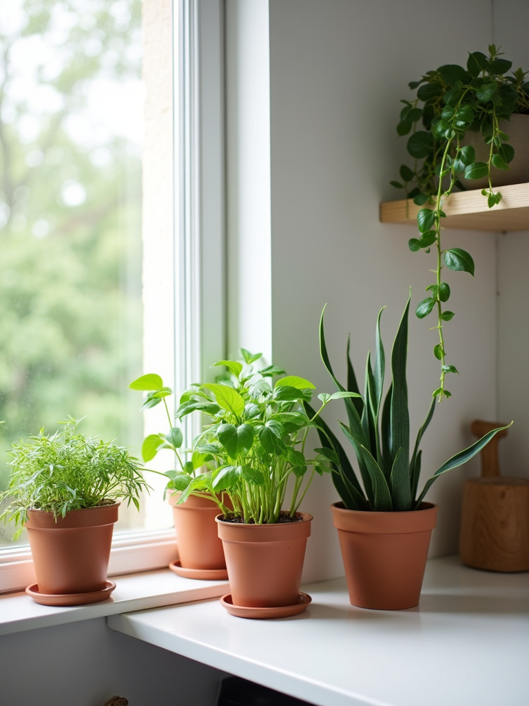 Scandinavian kitchen with various indoor plants, including herbs on the windowsill, a snake plant on the counter, and a trailing pothos on a shelf, adding a touch of nature and life to the space.