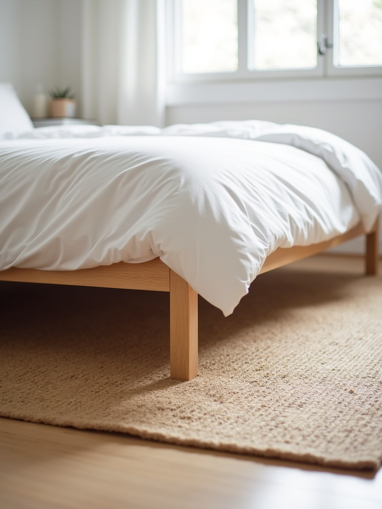 A natural jute rug grounding a minimalist bedroom with a platform bed and light wood flooring.