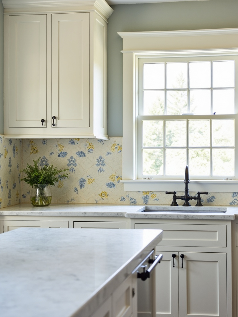 “Hand-painted ceramic tile backsplash in a traditional kitchen.”