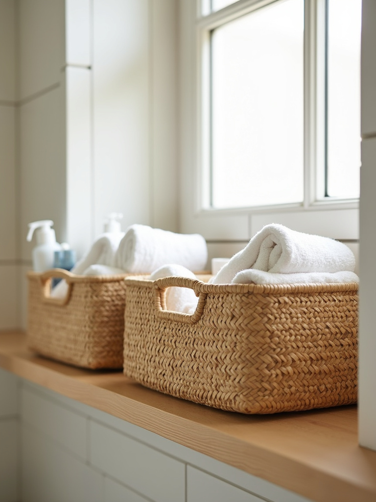 Set of handwoven seagrass storage baskets on a bathroom shelf with towels and toiletries.