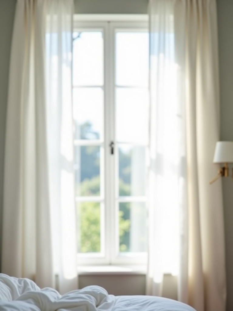 Light and airy white linen curtains filtering soft natural light in a minimalist bedroom.