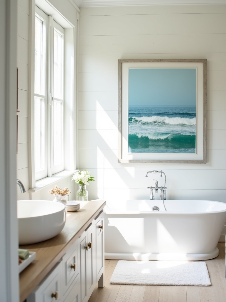 Bright coastal bathroom featuring a large framed photograph of ocean waves on a white shiplap wall, complemented by light wood flooring and natural daylight.