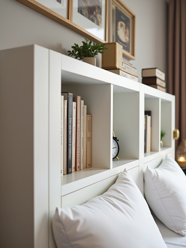 White headboard with built-in shelves holding books and a bedside lamp.