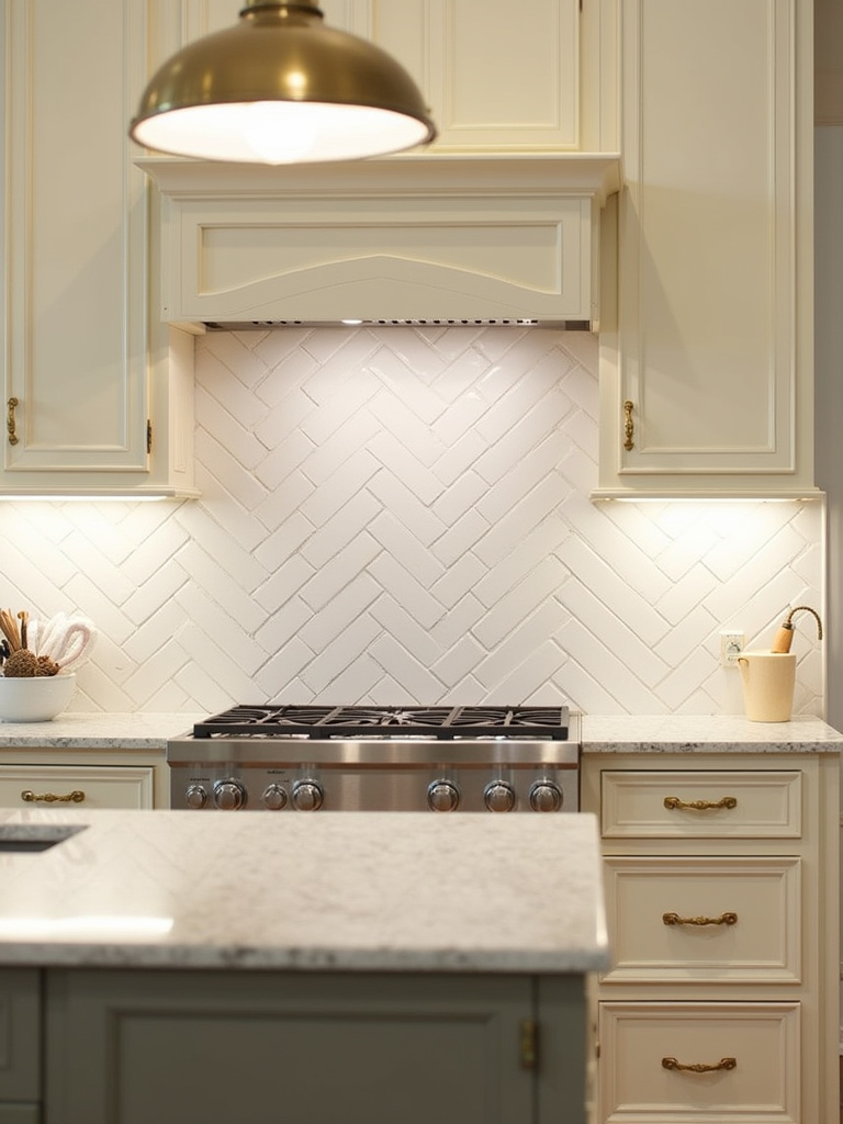 “Herringbone tile pattern backsplash in a traditional kitchen.”