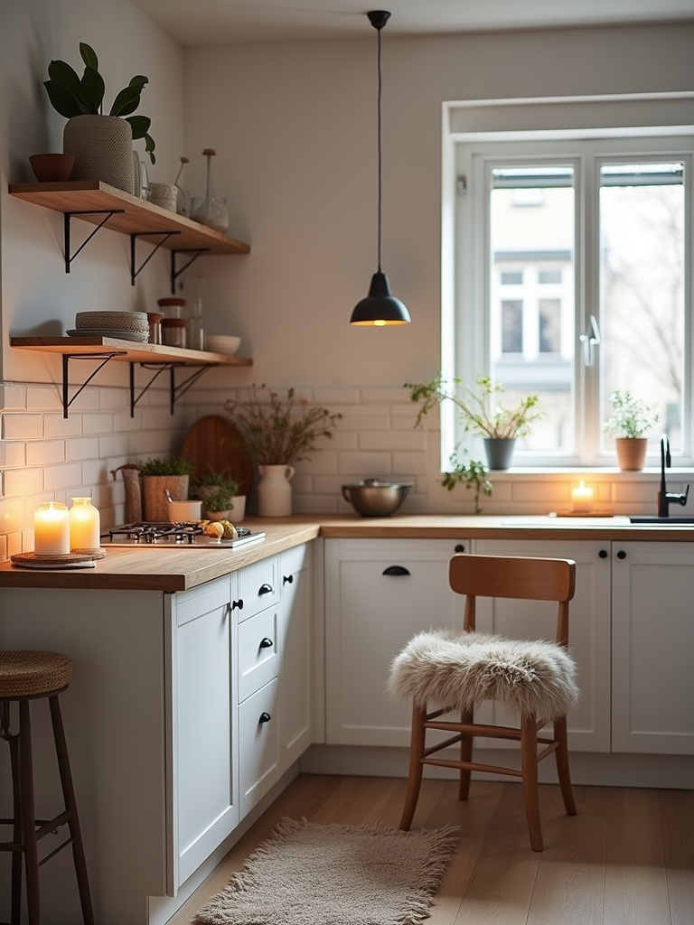 Hygge-inspired Scandinavian kitchen with soft lighting, natural wood accents, sheepskin throw, and a warm rug, creating a cozy and inviting atmosphere.