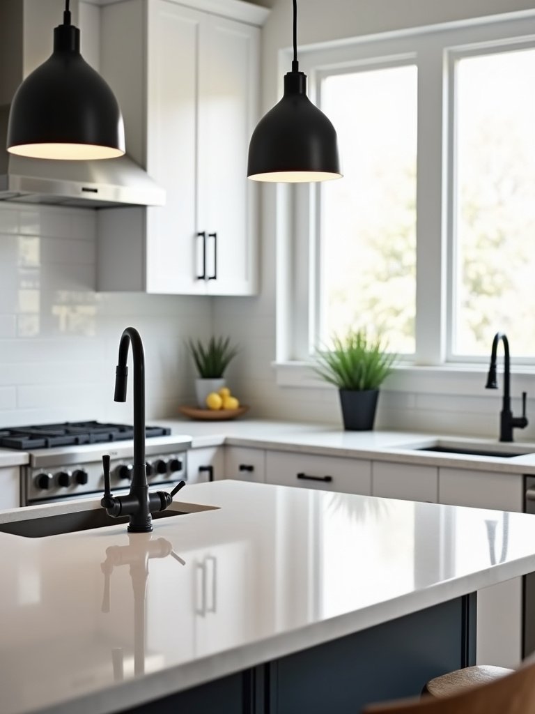 Sleek modern kitchen featuring black accents for a modern edge, including black pendant lights, black cabinet hardware, and a black faucet, contrasted with white cabinets, white countertops, and stainless steel appliances, illuminated by bright modern lighting.
