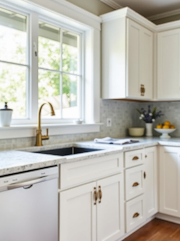 Transitional kitchen detail showcasing elegant brass cabinet knobs and pulls on white shaker cabinets, complemented by marble countertops and a classic subway tile backsplash, illuminated by soft natural light.