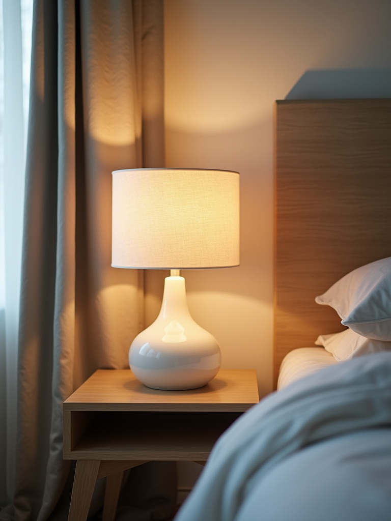 A minimalist table lamp with a white ceramic base and linen shade casting a warm glow in a minimalist bedroom.