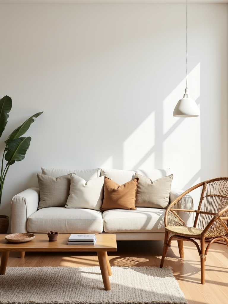 Simple living room incorporating natural materials like wood, linen, wool, and rattan, emphasizing warmth, texture, and an organic, inviting atmosphere.