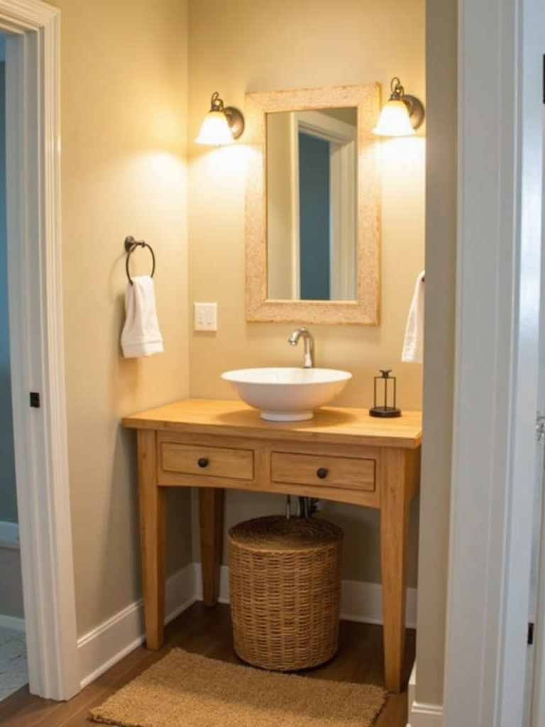 Coastal bathroom featuring a natural wood vanity with white vessel sink, rattan stool, light beige walls, and jute rug, illuminated by warm ambient lighting.