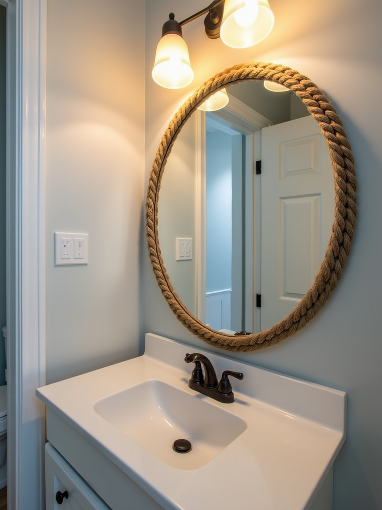 Close-up of a coastal powder room vanity mirror featuring a nautical rope trim, set against a white sink and light gray walls, illuminated by warm, focused lighting.