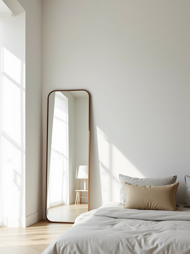 A large floor mirror leaning against a wall in a minimalist bedroom, reflecting natural light and enhancing the sense of space.