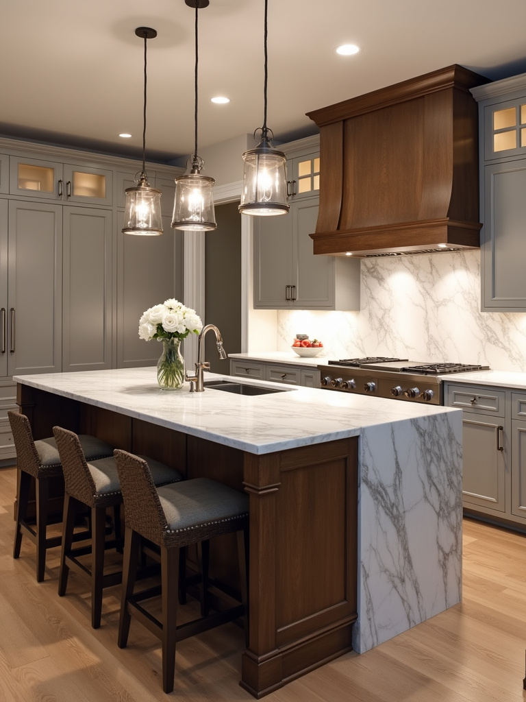 Contemporary kitchen with a large statement island featuring a waterfall countertop and pendant lighting.