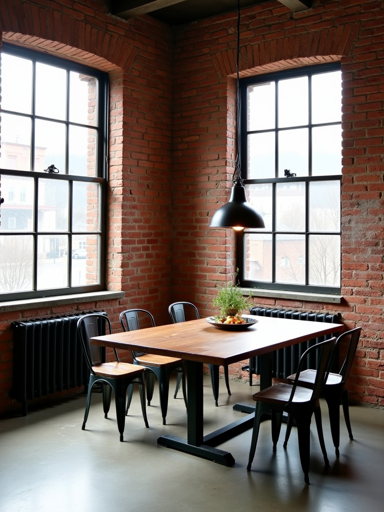 Industrial dining room with red brick-effect wallpaper, metal furniture, and factory-style windows.