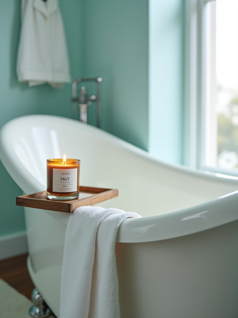Relaxing coastal bathroom featuring a sea salt scented candle on a bathtub caddy next to a white freestanding tub, set against light blue walls, illuminated by soft, warm lighting.