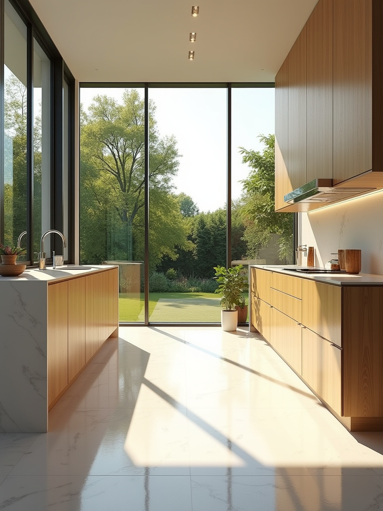 Contemporary kitchen bathed in natural light from large floor-to-ceiling windows.