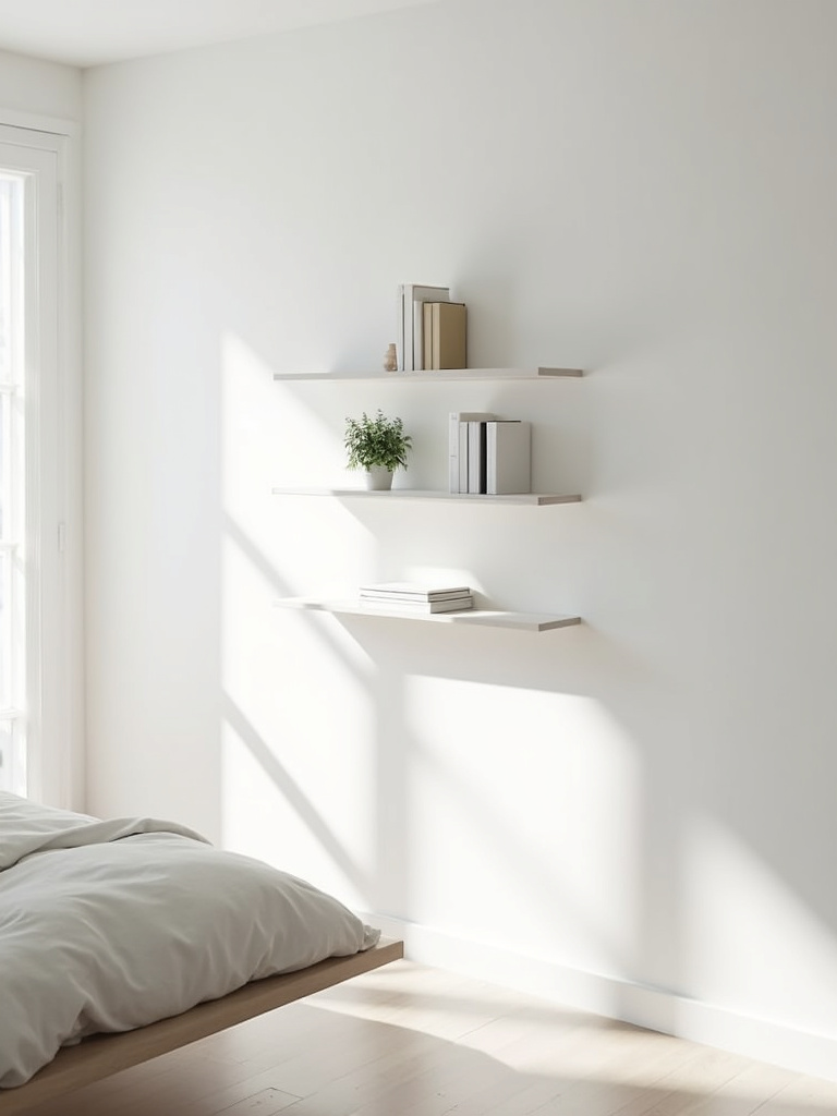 White floating shelves displaying minimalist books and a small plant in a minimalist bedroom, providing functional and unobtrusive storage.