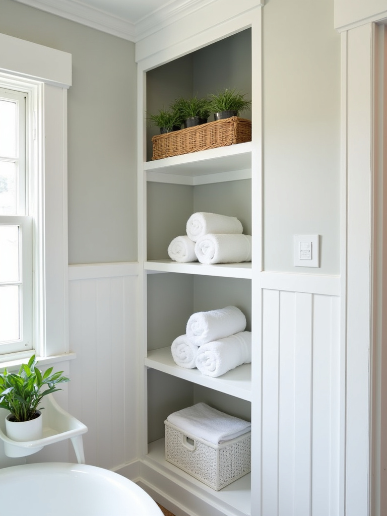 Stylish coastal bathroom featuring open shelves displaying neatly rolled white towels, woven baskets, and small potted plants, set against light gray walls and white trim, illuminated by bright, even lighting.