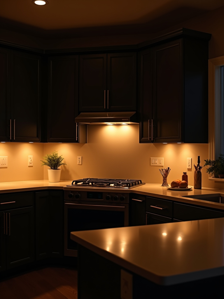 Contemporary kitchen with warm under-cabinet lighting illuminating the countertops and backsplash at night.