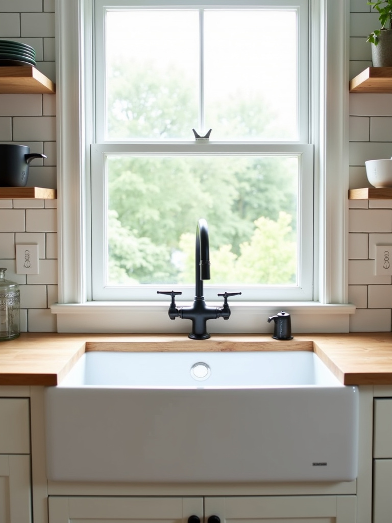 Classic farmhouse kitchen featuring a white fireclay farmhouse sink as a focal point, complemented by white shaker cabinets, wooden countertops, and a subway tile backsplash, bathed in soft daylight from a window overlooking a garden.