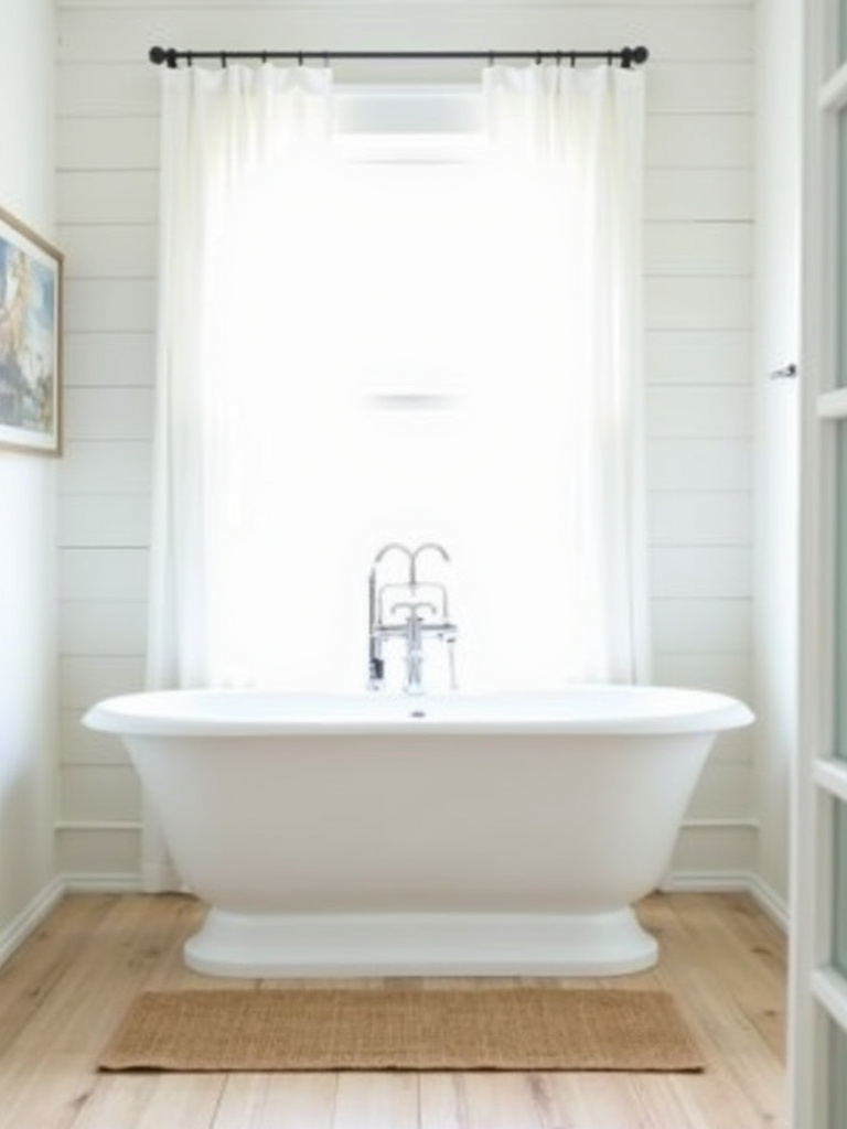 Bright coastal bathroom showcasing a white shiplap wall behind a freestanding bathtub with chrome faucet, complemented by light wood floor and woven rug, illuminated by natural window light.