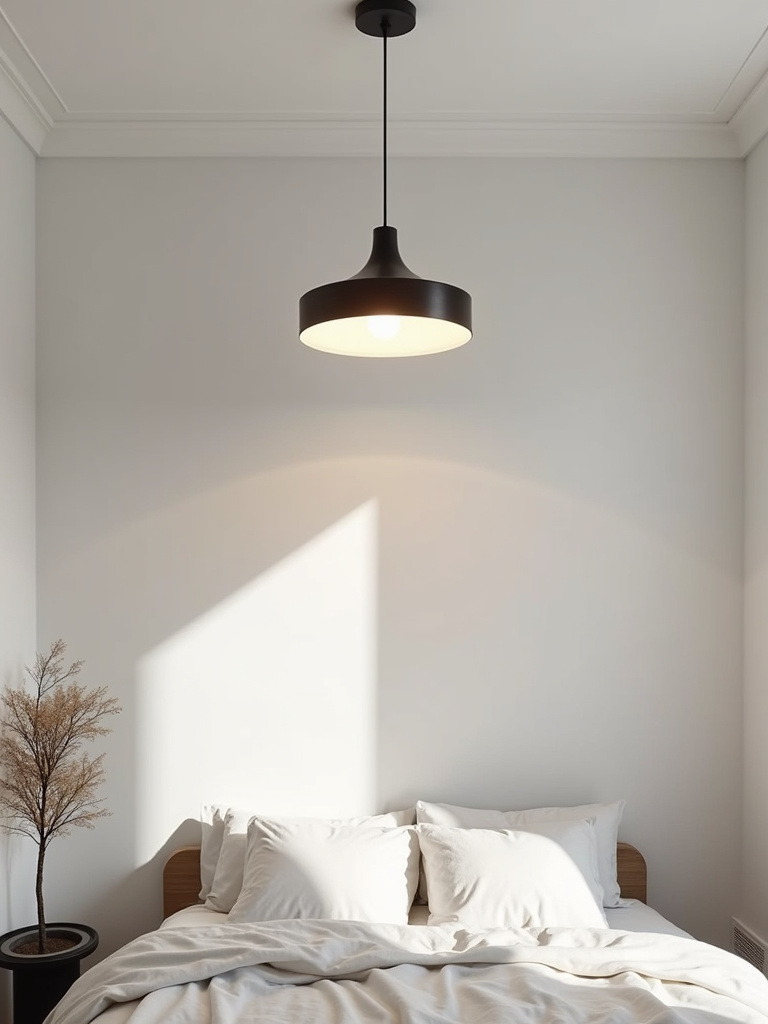 A minimalist bedroom featuring a statement pendant ceiling light, providing ambient lighting and a subtle focal point.