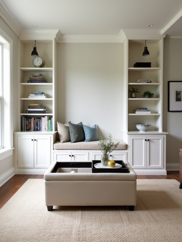 Simple living room featuring hidden storage solutions like a storage ottoman coffee table, bench with lift-up seat, and bookshelves with closed cabinets, emphasizing organized and functional design.