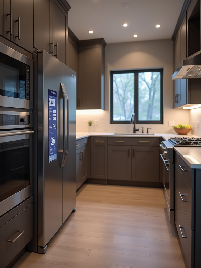 Contemporary kitchen featuring stainless steel smart appliances, including a smart refrigerator with a touchscreen display.