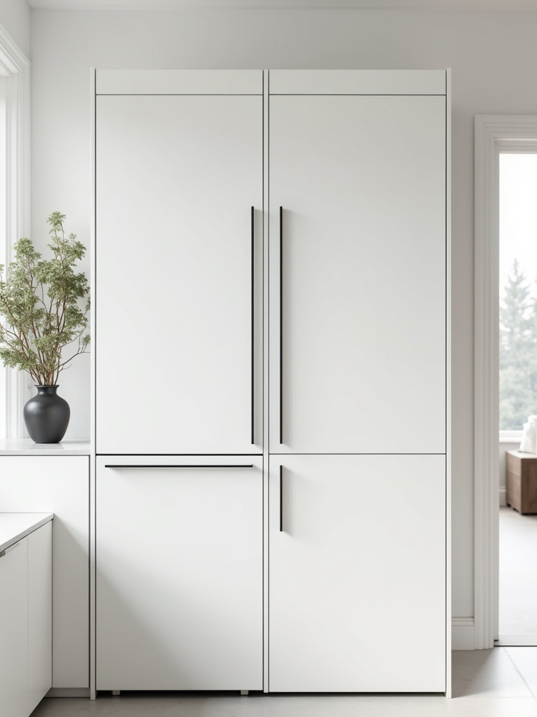 Scandinavian kitchen featuring integrated appliances, with white cabinets seamlessly concealing the refrigerator and dishwasher, creating a streamlined and minimalist look.