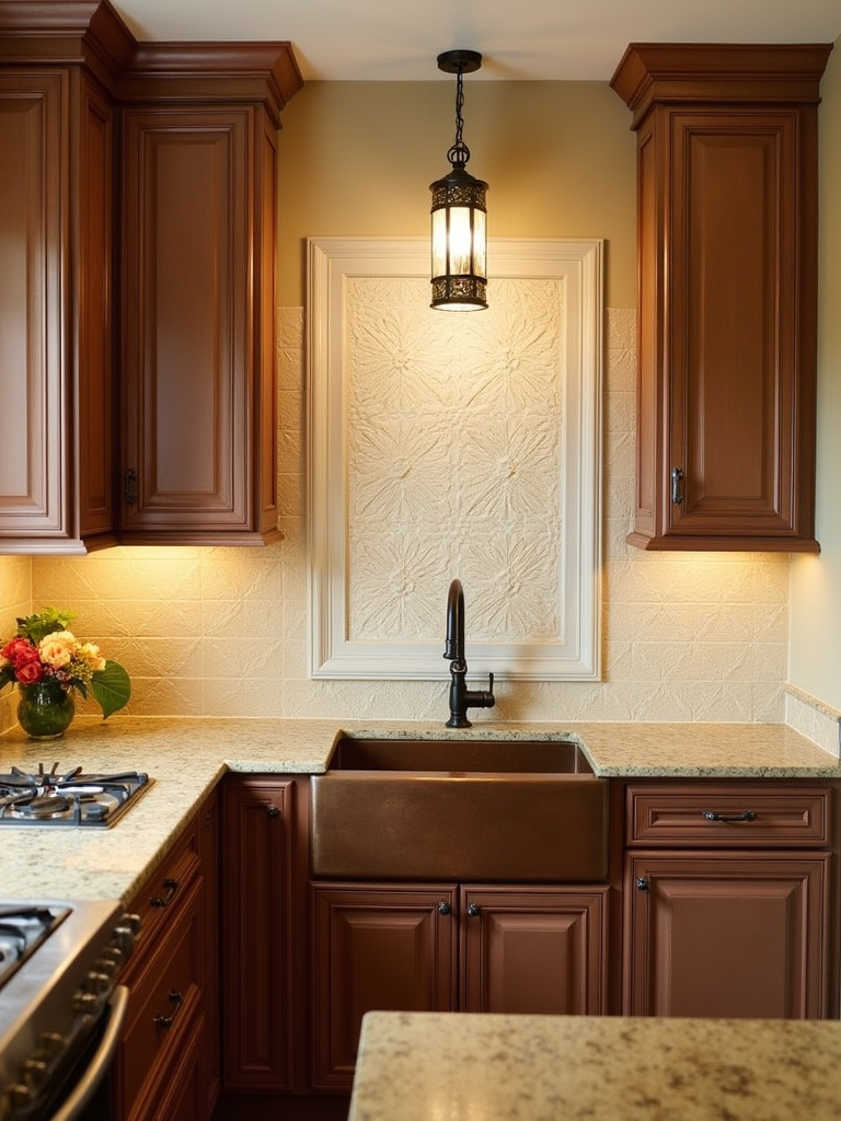 “Intricate mosaic tile backsplash in a traditional kitchen.”