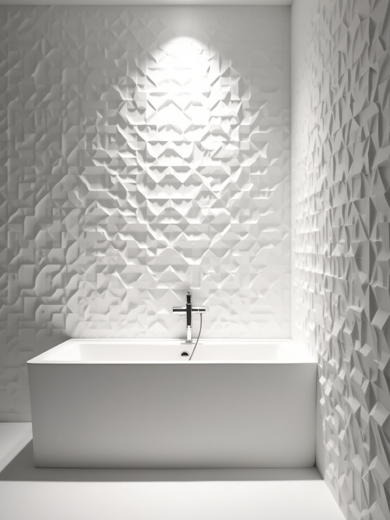 Modern bathroom interior with white 3D geometric wallpaper accent wall, creating a striking visual texture and depth.