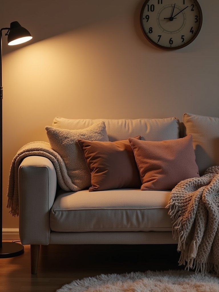 Cozy simple living room featuring textured pillows and a chunky knit throw blanket on a sofa, highlighting the warm and inviting atmosphere created by soft textures.