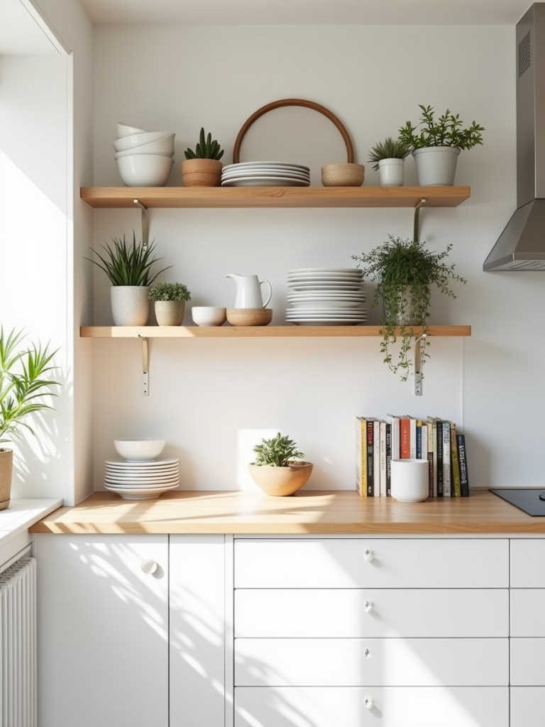 Bright Scandinavian kitchen featuring light wood open shelving displaying curated dishware, plants, and cookbooks, complemented by white walls and light wood countertops, bathed in airy natural light.