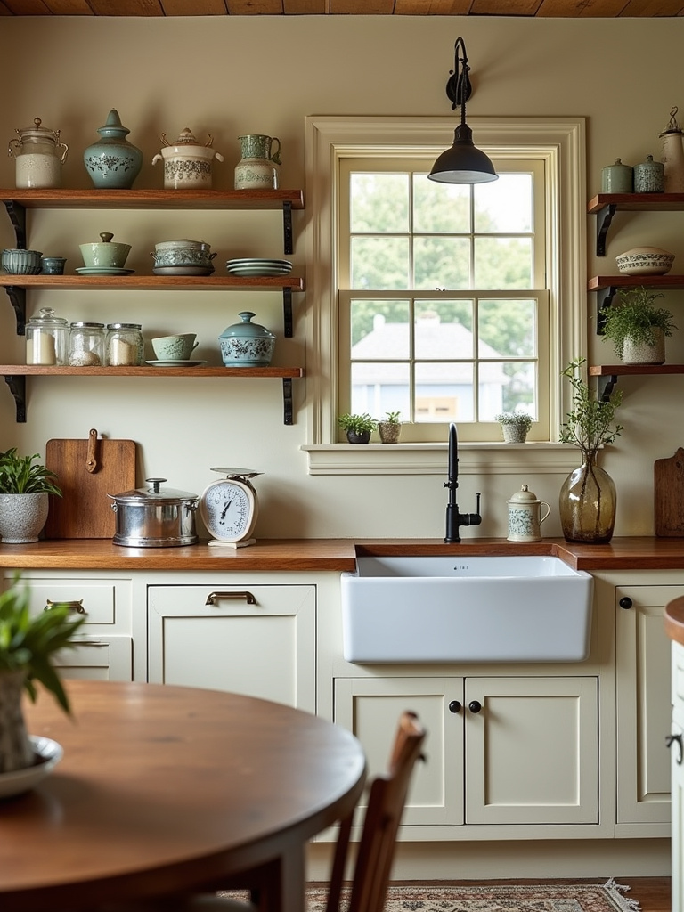 Charming farmhouse kitchen featuring vintage kitchen accessories like a scale, canisters, and cutting board displayed on open shelves and countertops, complemented by cream cabinets, wooden countertops, and an apron-front sink, bathed in warm ambient lighting.
