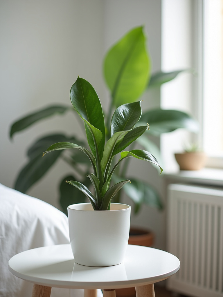 A single green snake plant in a white minimalist pot on a nightstand, bringing life to a minimalist bedroom.