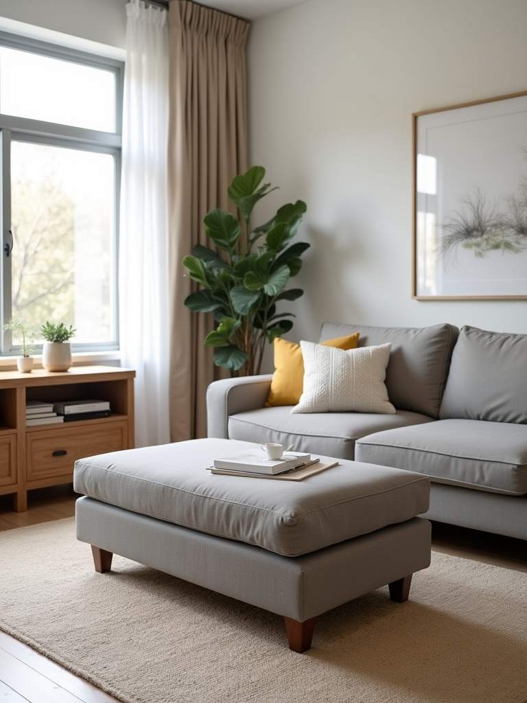 Simple living room featuring multifunctional furniture including a storage ottoman coffee table, sofa bed, and console table with shelving, highlighting space-saving and efficient design.
