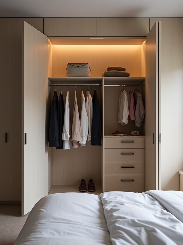 A minimalist bedroom with open closet doors, showcasing a meticulously organized and curated wardrobe.