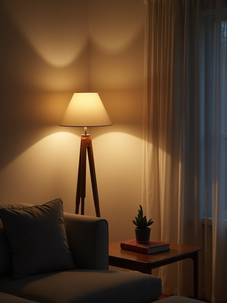 Simple living room featuring layered soft and ambient lighting with floor lamps, table lamps, and subtle recessed lighting, emphasizing a cozy and relaxed evening atmosphere.