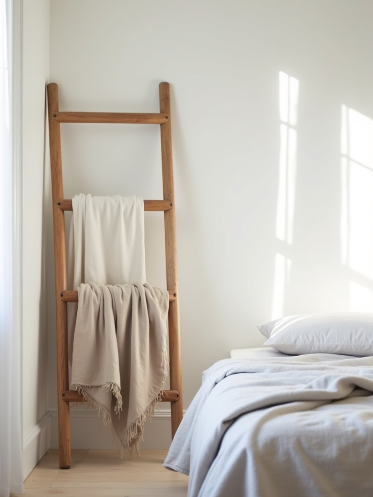 A natural wood blanket ladder leaning against a white wall in a minimalist bedroom, providing stylish and vertical blanket storage.