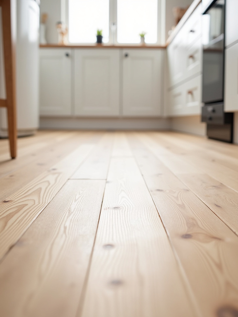 Close-up view of light oak wood flooring in a Scandinavian kitchen, showcasing the natural grain and light-reflecting surface, creating a bright and spacious foundation.