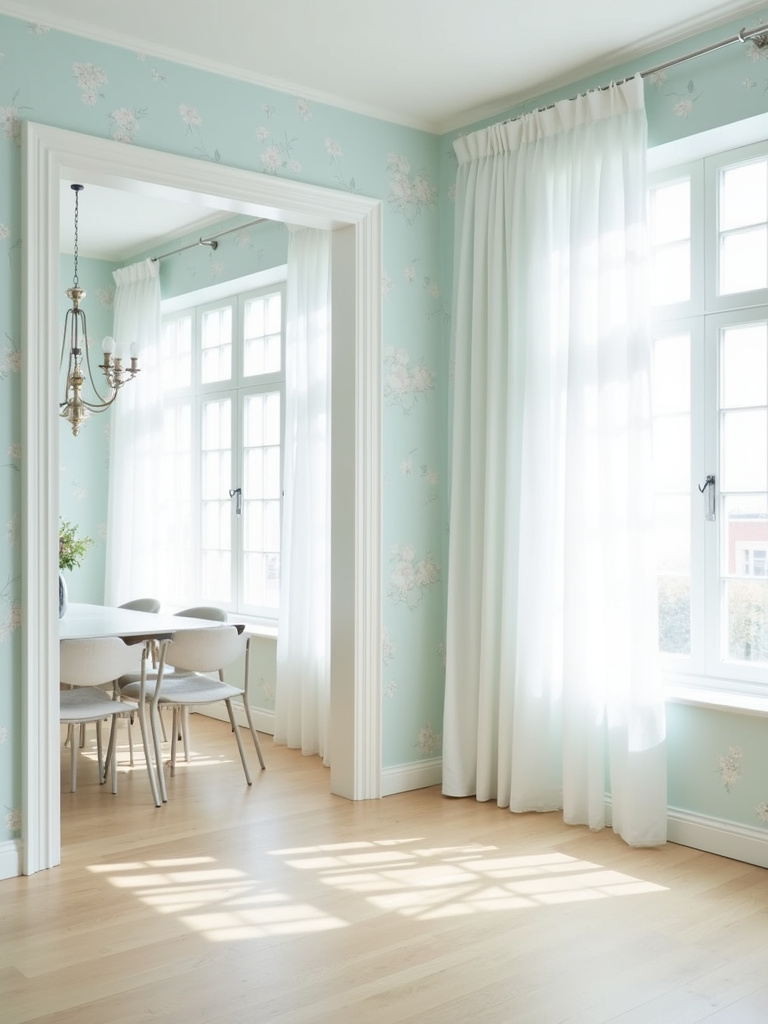 Light and airy dining room with pale blue pastel floral wallpaper, white furniture, and natural light.