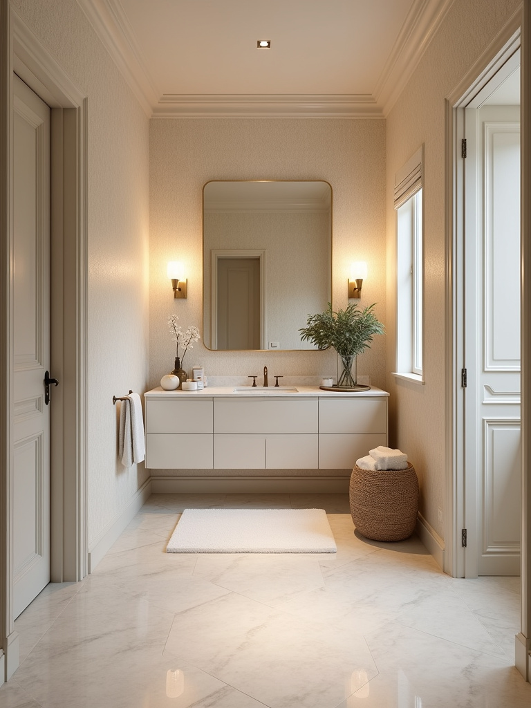 Sophisticated bathroom interior with cream linen-textured wallpaper creating a sense of luxury and subtle tactile interest.