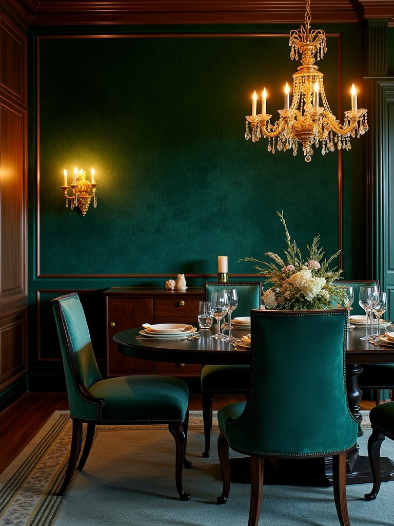 Luxurious dining room with emerald green velvet wallpaper, velvet furniture, and gold accents.