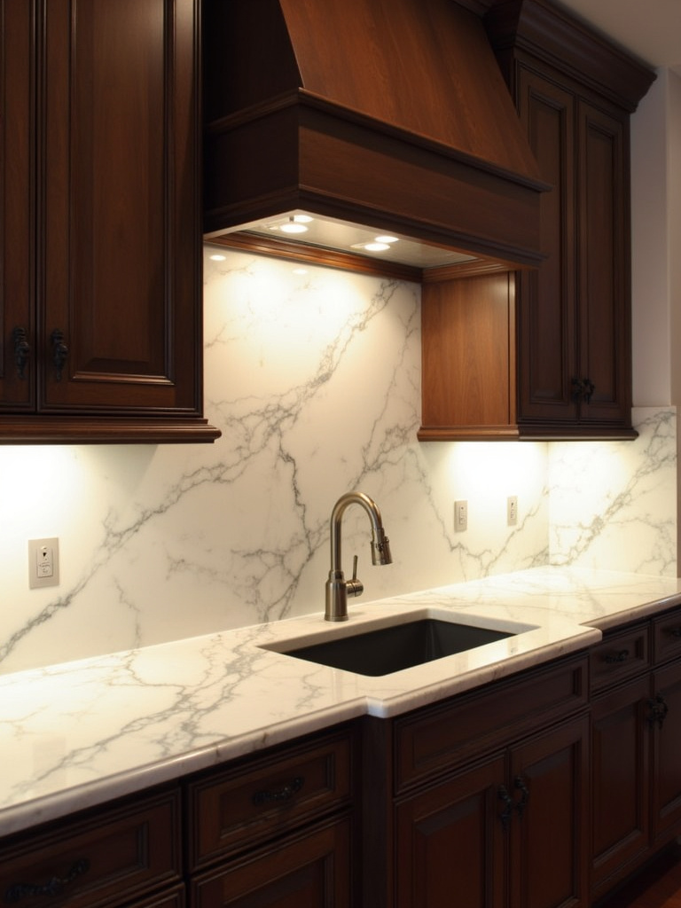 “Elegant marble slab backsplash in a traditional kitchen.”