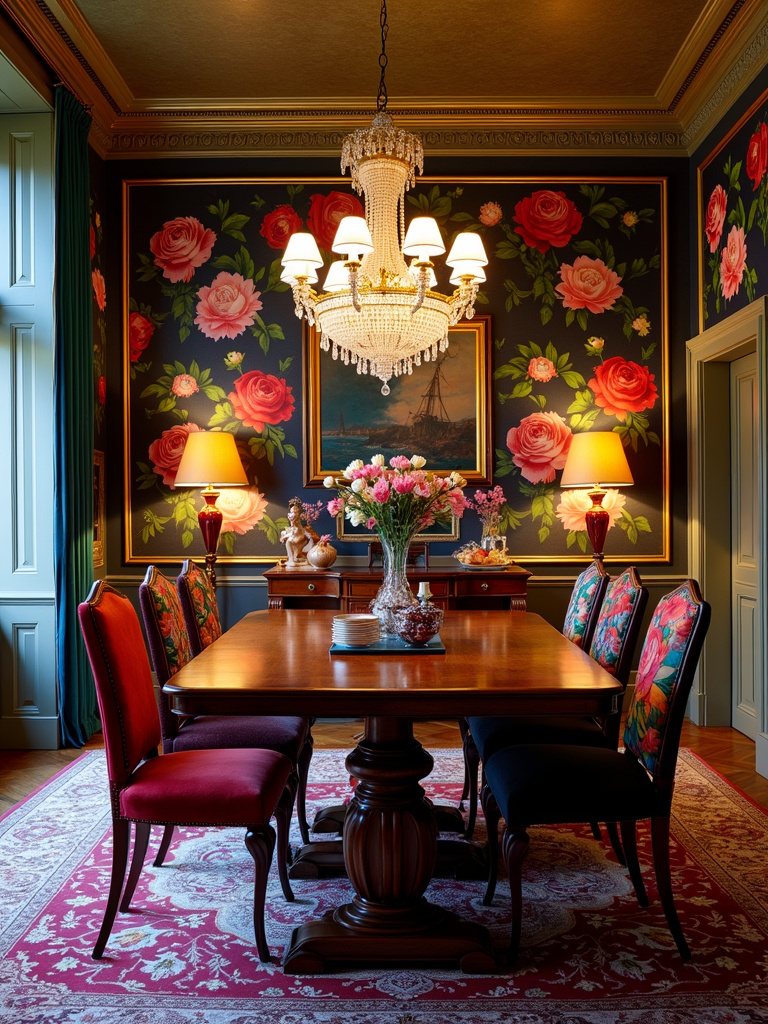 Maximalist dining room with bold multicolored floral wallpaper, antique furniture, and layered decor.