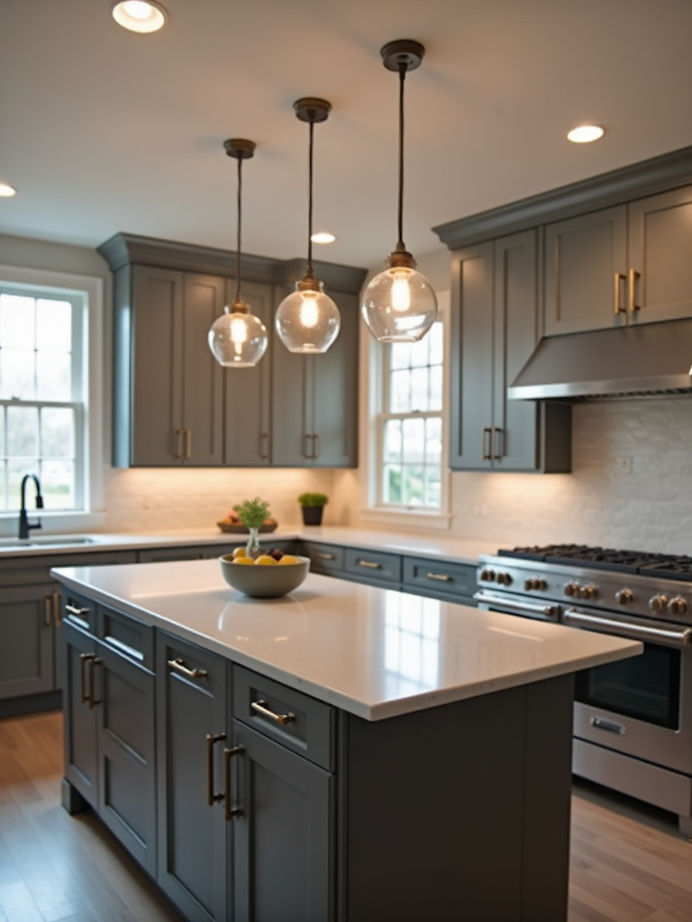 Modern kitchen illuminated by bright recessed lighting and three oversized glass pendant lights hanging above a grey kitchen island, complemented by white countertops and stainless steel appliances.