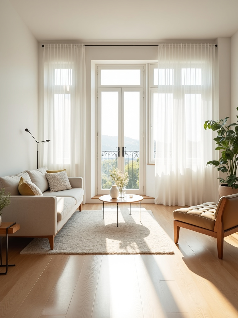 Bright and airy simple living room filled with natural light streaming through large windows, featuring white walls and light wood floors, emphasizing spaciousness and cheerfulness.